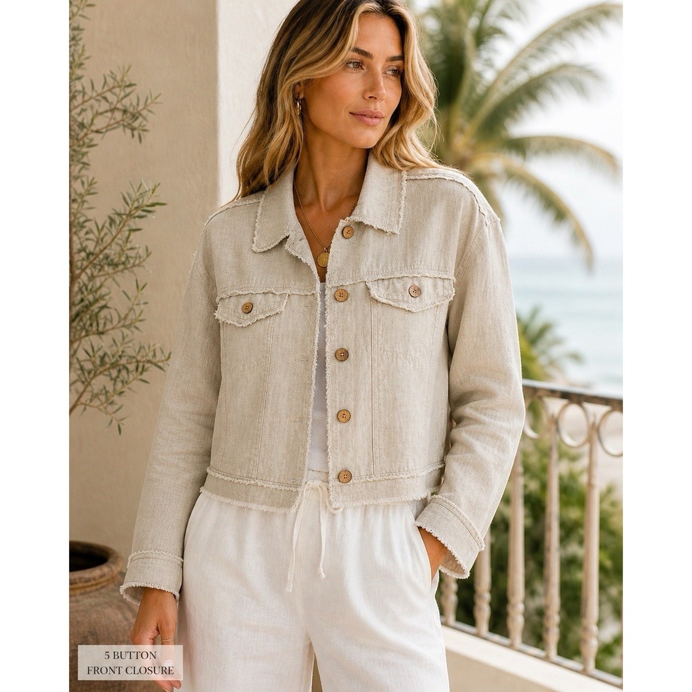 NWT Crown Linen Designs 100% Linen Jacket XL Beige Raw Edge Cropped Shacket Boho